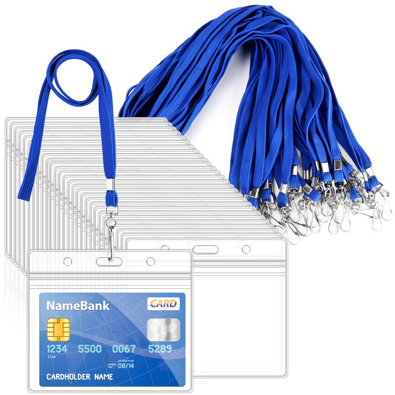 Maileto 30Pcs Clear Plastic Horizontal Name Tags Badge ID Card Holders and 30Pcs Blue Flat Neck Lanyards with Swivel Hook - Image 1